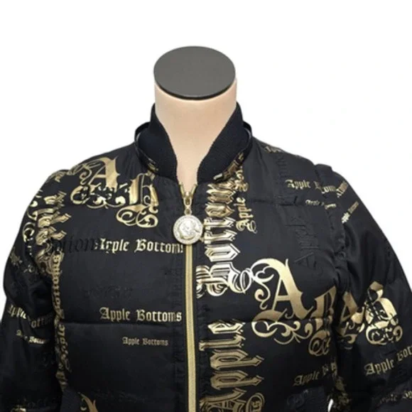 Apple Bottoms Jacket Womens Small Black Gold Puffer Bomber Logo Zip Down Feather - Picture 9 of 11